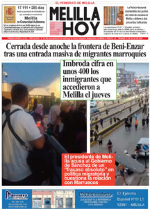 Front page of El Periodico de Melilla: main headline about the border closure after a migrant surge, with a photo collage showing people near the border and a red caption box about the Melilla president's accusations.