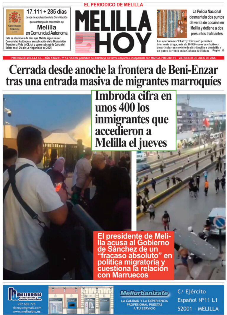 Front page of El Periodico de Melilla: main headline about the border closure after a migrant surge, with a photo collage showing people near the border and a red caption box about the Melilla president's accusations.