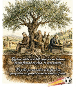 Ilustración de un olivo con personajes históricos en un entorno rural