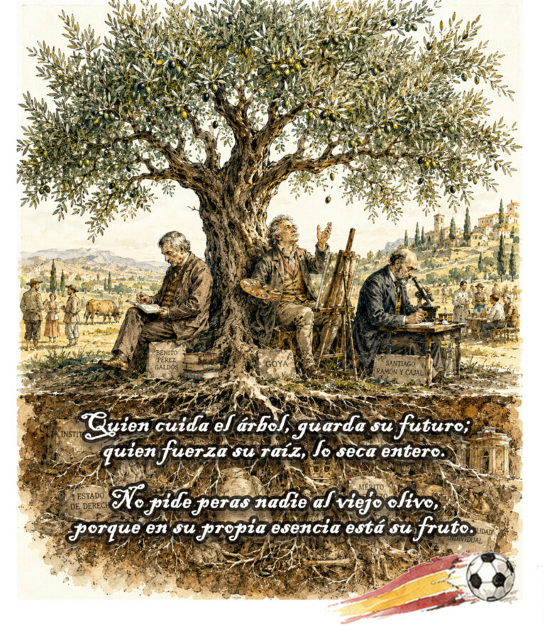 Ilustración de un olivo con personajes históricos en un entorno rural