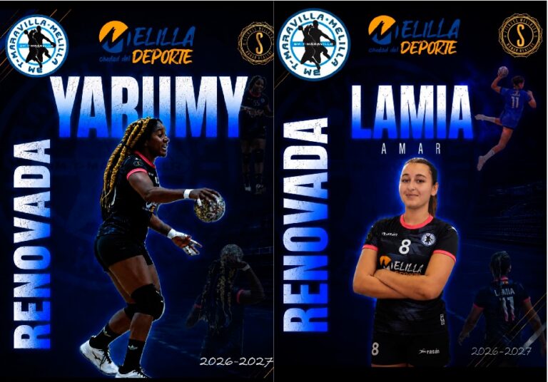 Lamia Amar y Yarumy, jugadoras del Balonmano Maravilla Melilla, en su renovación.