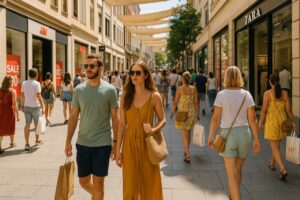 Pareja caminando por una calle comercial durante el verano