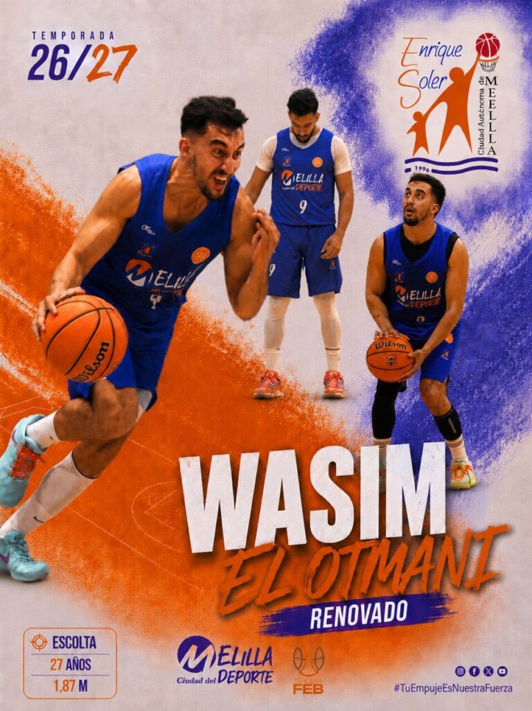 Promotional poster announcing Wasim El Otmani renewed; three basketball players in blue uniforms, team logos, and the word 'RENOVADO' on an orange-purple background.