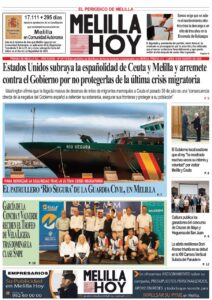 Front page of Melilla Hoy newspaper; main image shows the cargo ship Rio Segura at a dock, with a large migrant-crisis headline across the top.