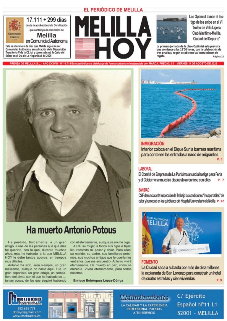 Portada del periódico Melilla Hoy del 14 de agosto de 2026