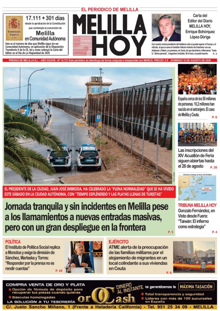 Portada del periódico Melilla Hoy del 16 de agosto de 2026