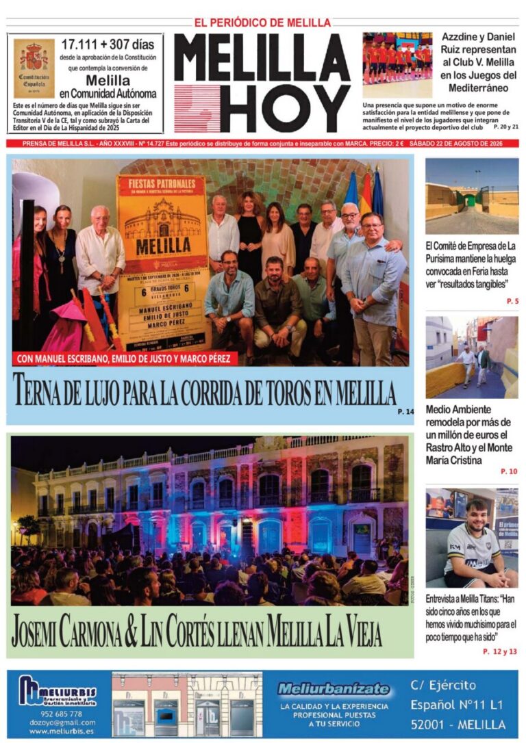 Portada del periódico Melilla Hoy con eventos locales destacados.