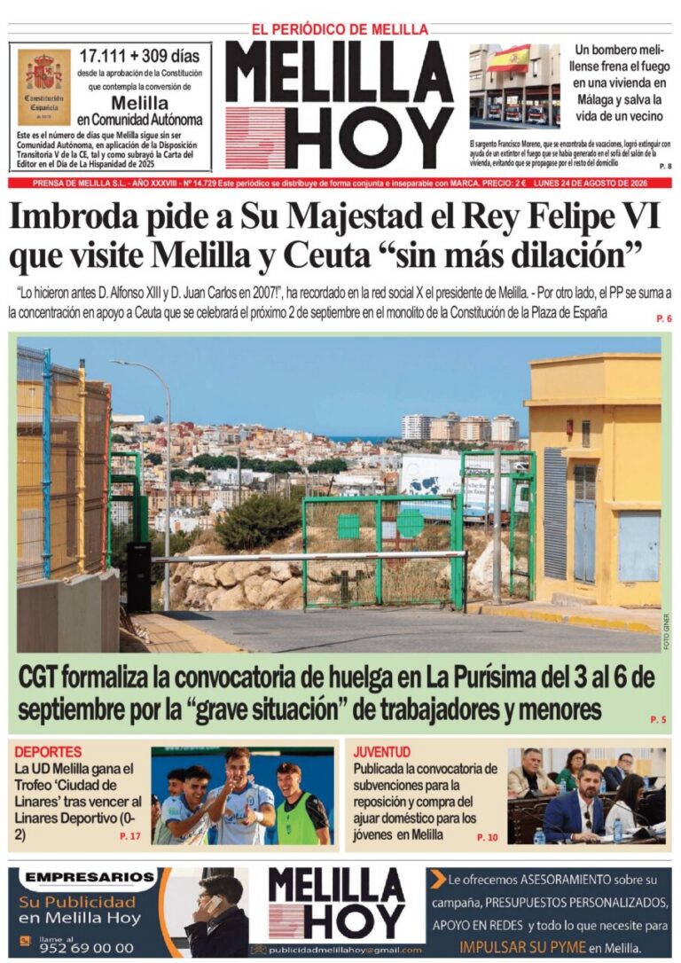 Portada del periódico Melilla HOY del 24 de agosto de 2026