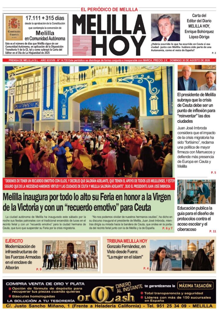 Portada del periódico Melilla Hoy del 30 de agosto de 2026