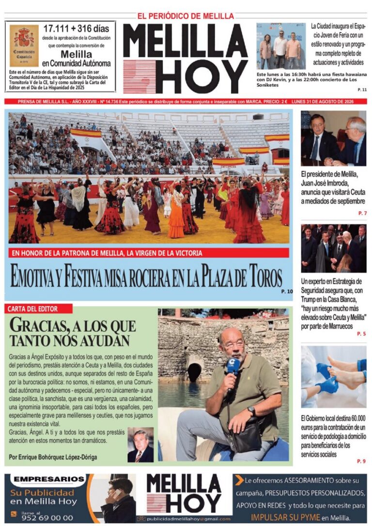 Portada del periódico Melilla Hoy del 31 de agosto de 2026