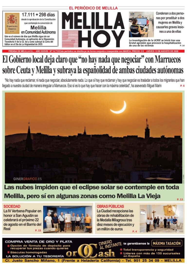 Portada del periódico Melilla Hoy del 13 de agosto de 2026