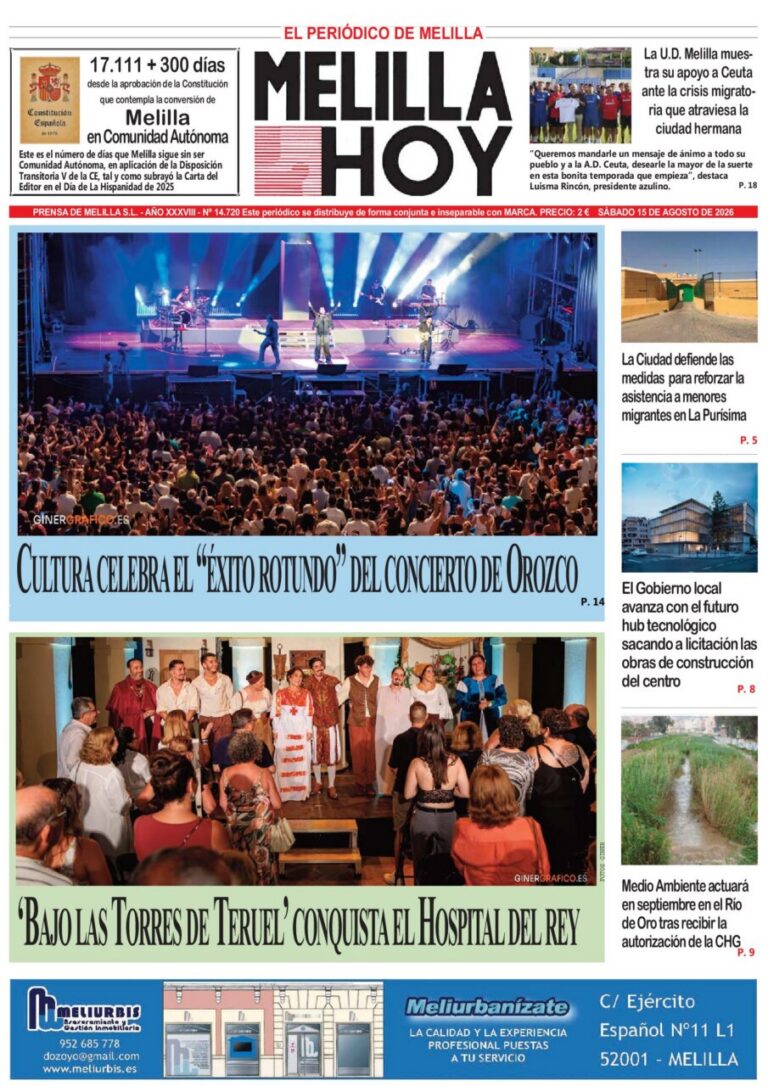 Front page of Melilla Hoy newspaper showing a large concert crowd at a stage, a second photo of people gathered in a traditional performance, with the main headline about the cultural celebration of the Orozco concert.