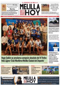 Front page of Melilla Hoy with a large group photo of children and adults posing with model sailboats and trophies, celebrating Hugo Quillón’s victory in the VI Trofeo Vela Ligera.