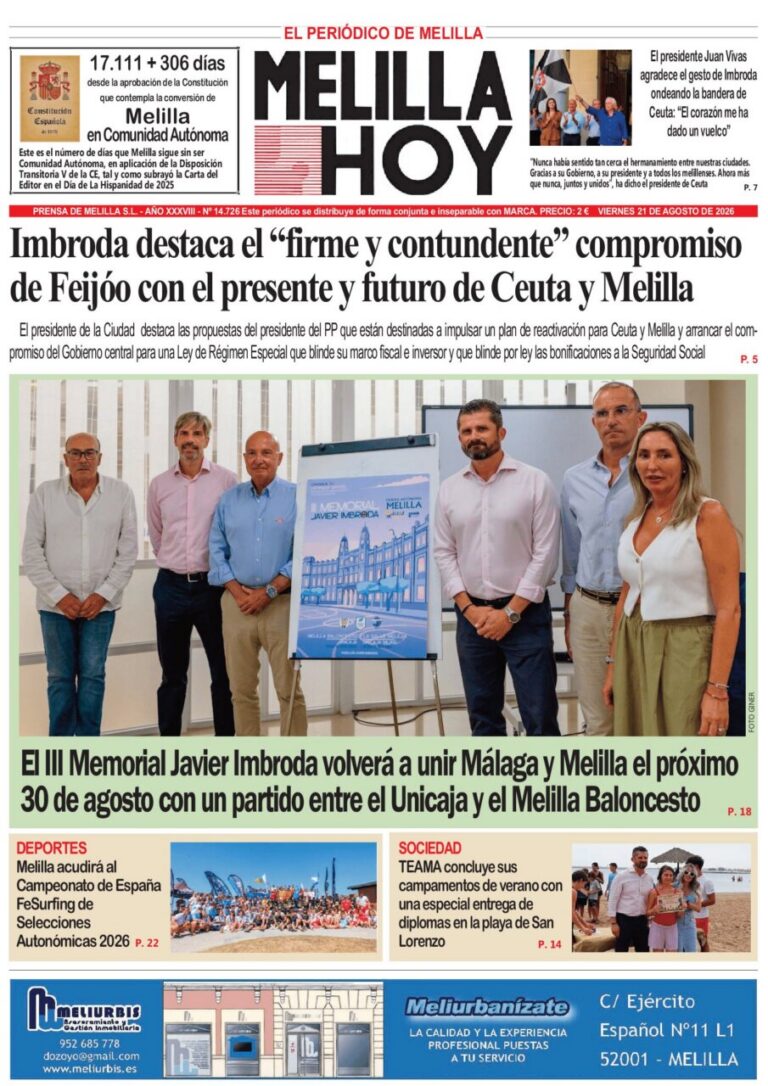 Portada del periódico Melilla Hoy del 21 de agosto de 2026