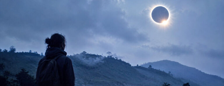 Persona observando un eclipse solar en un paisaje montañoso