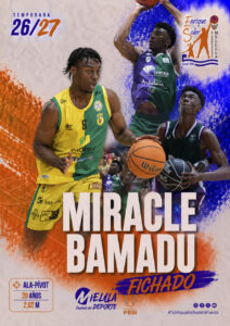 Colorful basketball poster with three players in action, bold title 'MIRACLE BAMADU' and 'FICHADO' at the bottom, plus logos and color splashes in orange and blue.