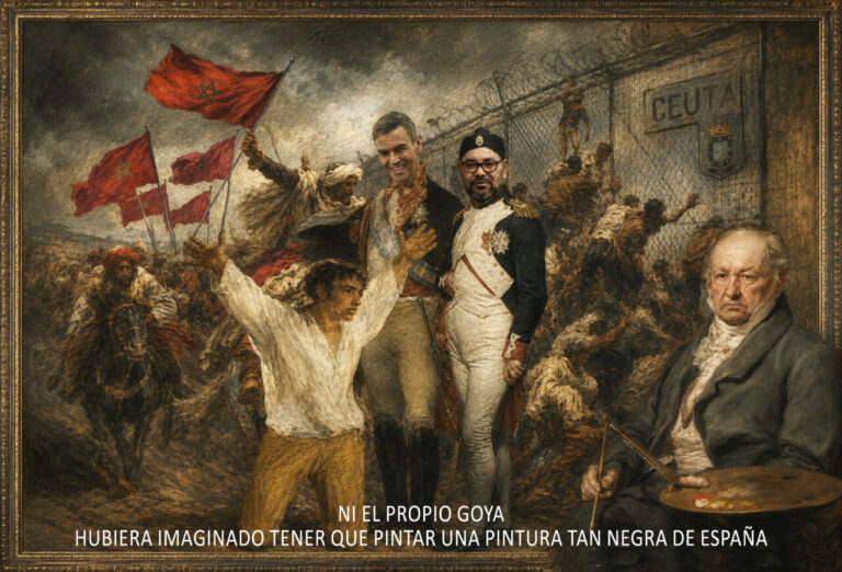 Ilustración que critica la situación política en España con referencias a Goya.