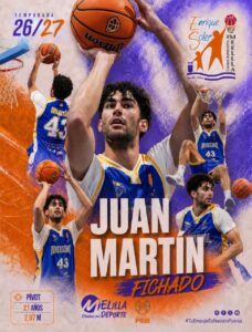 Poster collage for Juan Martín Fichado: multiple action shots of a basketball player, bold name text, team logos and orange–purple background.