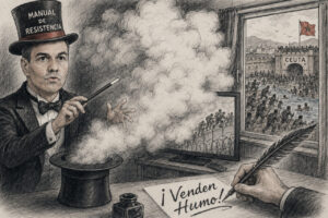 A magician in a tuxedo and top hat labeled 'Manual de Resistencia' conjures smoke from his hat as a hand writes '¡Venden humo!' with a feather quill; a Ceuta border crowd is visible outside a window.