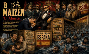 Propaganda poster titled El Majzen showing a suited man on a throne flanked by military and political figures, with crates labeled España and a crowd of migrants at sea on the right, implying control and borders.