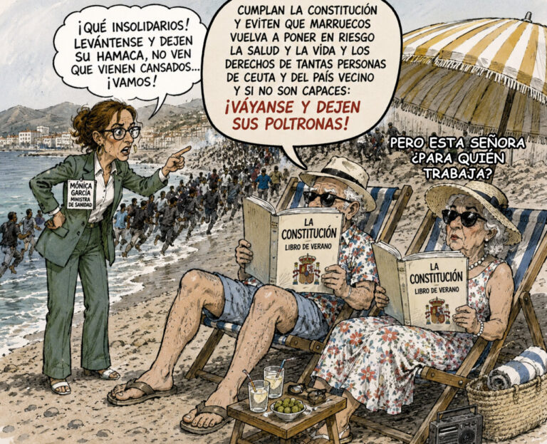 Ilustración de una ministra hablando a dos personas en la playa sobre la Constitución.