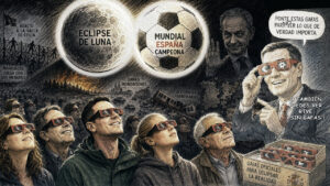 Ilustración sobre el eclipse de luna y el Mundial de fútbol en España.
