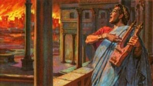 Representación de Nerón tocando la lira durante el incendio de Roma