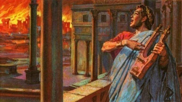 Representación de Nerón tocando la lira durante el incendio de Roma