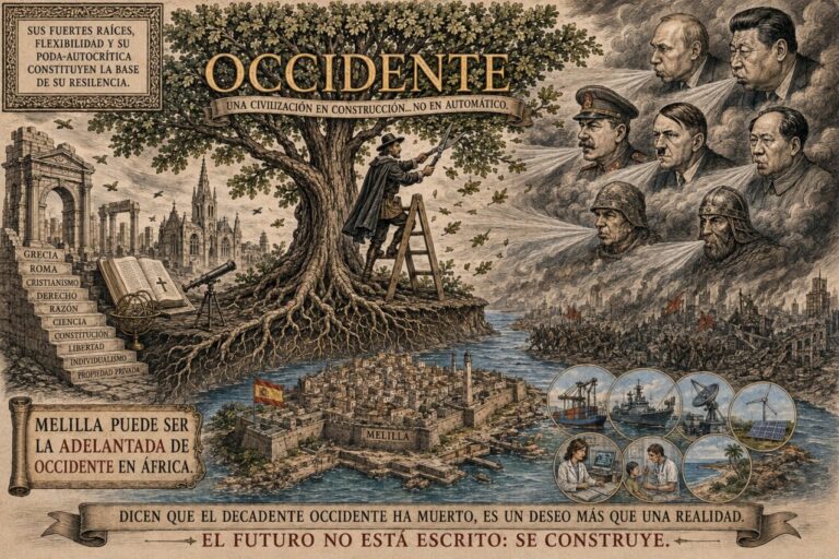 Ilustración sobre Occidente y Melilla con elementos históricos y culturales