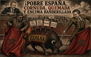 Political cartoon showing Spain as a bull labeled ESPAÑA being restrained by two matadors with red capes as a crowd protests in the background.