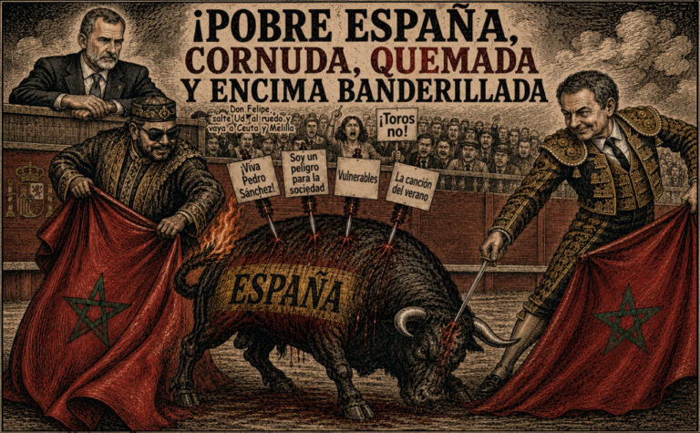 Political cartoon showing Spain as a bull labeled ESPAÑA being restrained by two matadors with red capes as a crowd protests in the background.