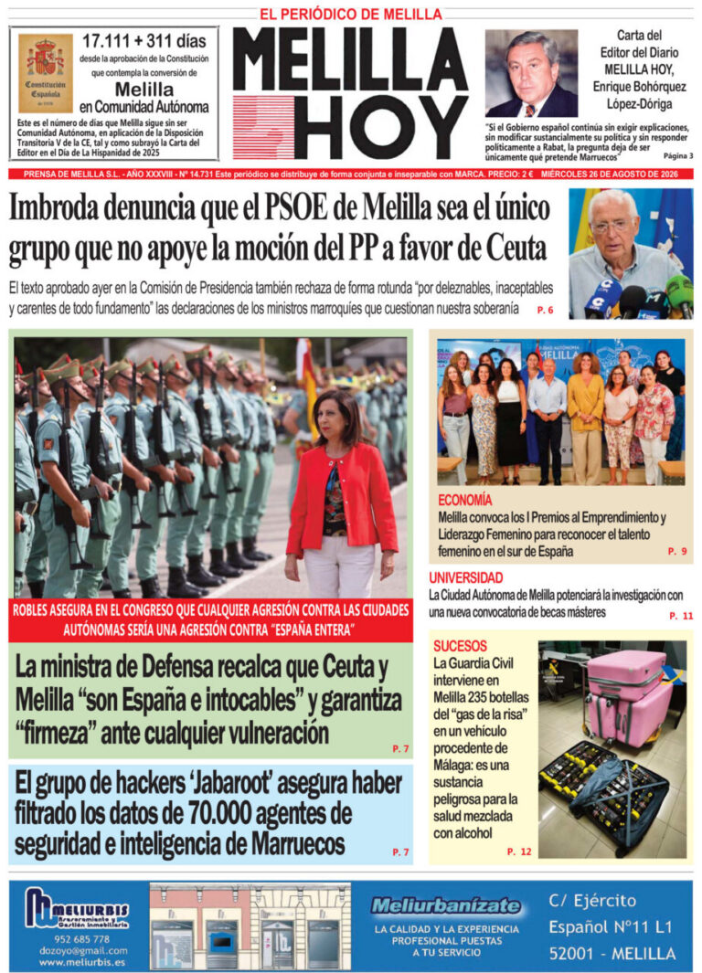 Portada de Melilla Hoy con titular destacado sobre Imbroda; foto central de una mujer con chaqueta roja caminando junto a una fila de militares; imágenes menores en el lateral y recuadros con noticias destacadas.