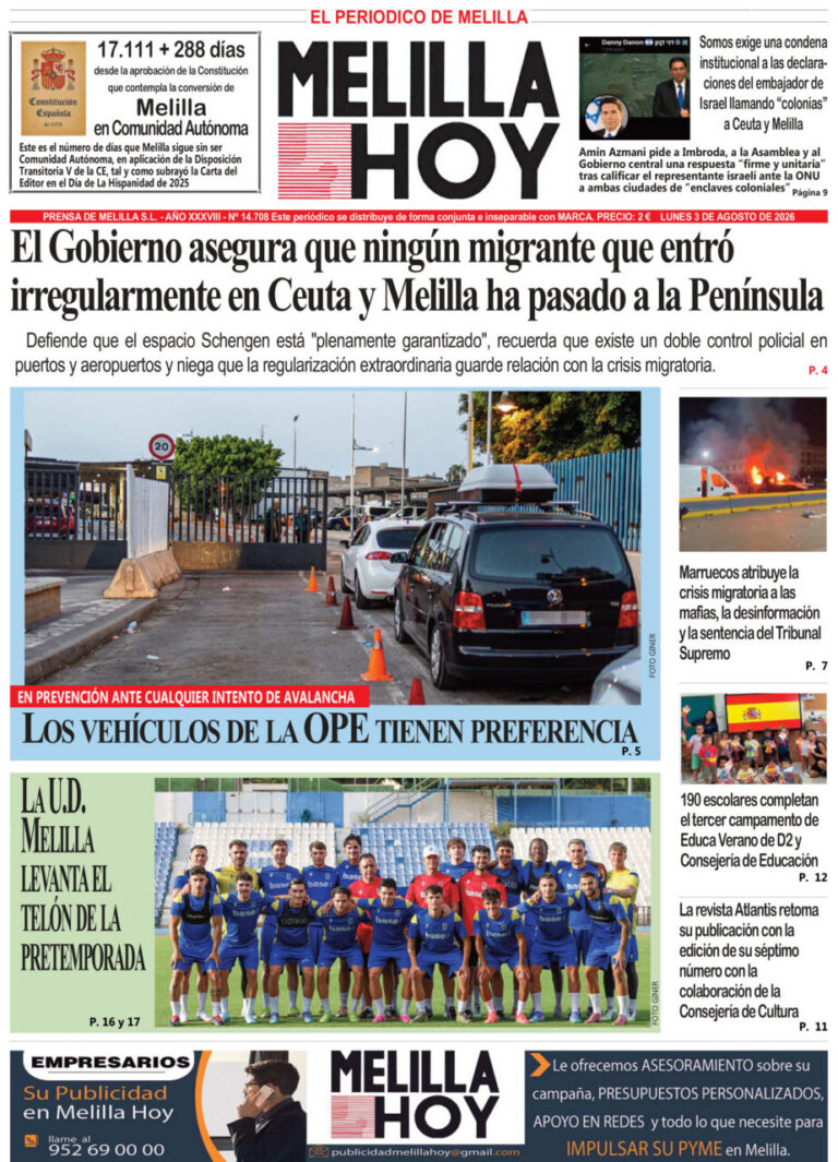Portada del periódico Melilla Hoy del 3 de agosto de 2026