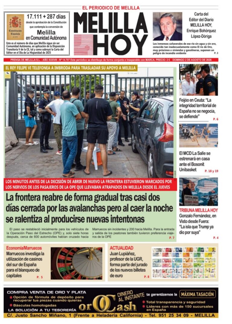 Portada del periódico Melilla Hoy del 2 de agosto de 2026
