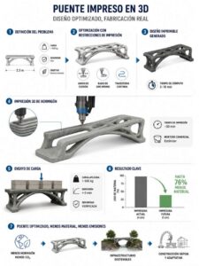 Infographic explaining the 3D-printed bridge design process: problem definition, optimization, printed design, concrete printing, load testing, and sustainability benefits.