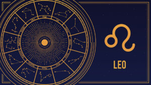 Ilustración del signo zodiacal Leo con constelaciones y símbolo