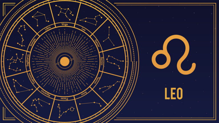 Ilustración del signo zodiacal Leo con constelaciones y símbolo