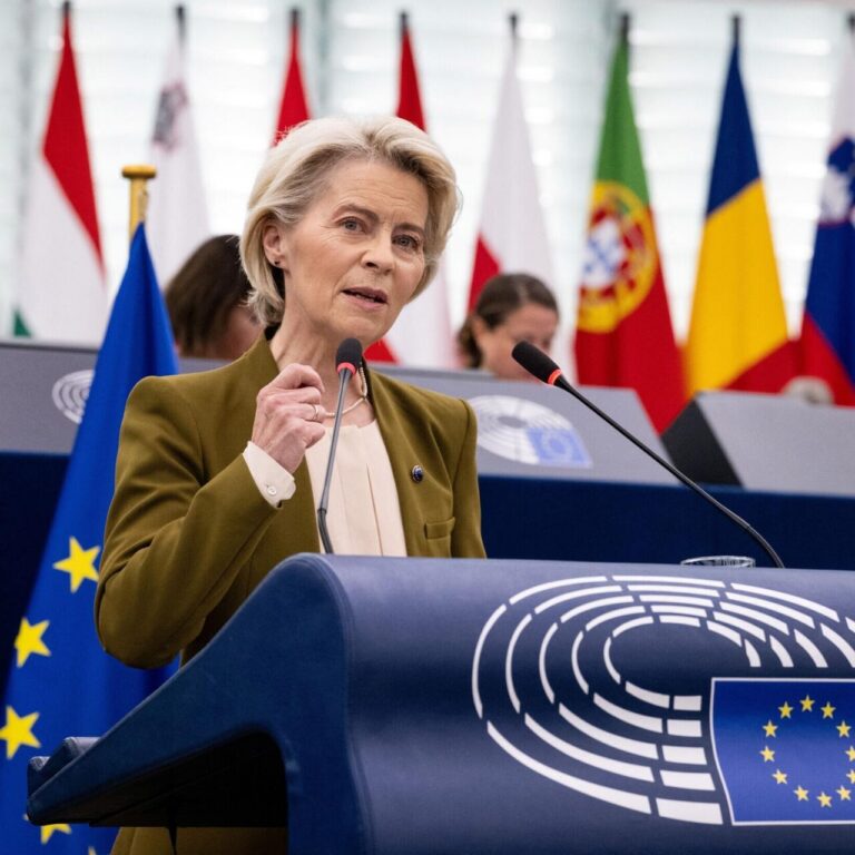 Older woman in an olive blazer speaks at an EU Parliament podium, microphones in front, flags of the EU and member states behind her.