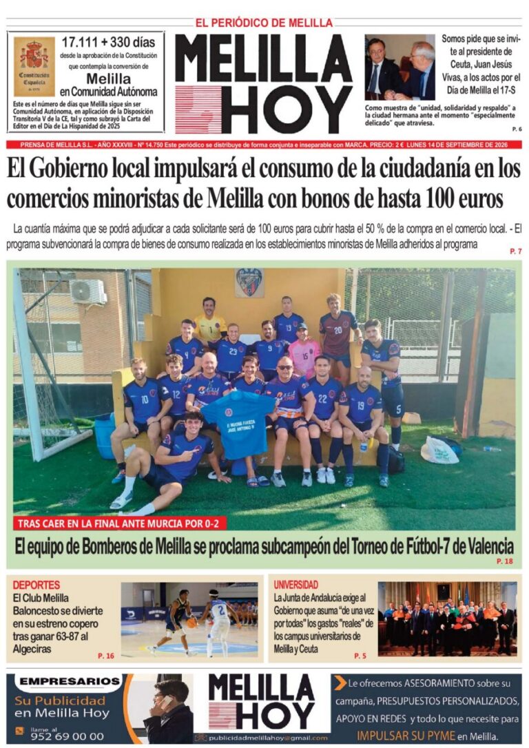 Portada del periódico Melilla Hoy del 14 de septiembre de 2026