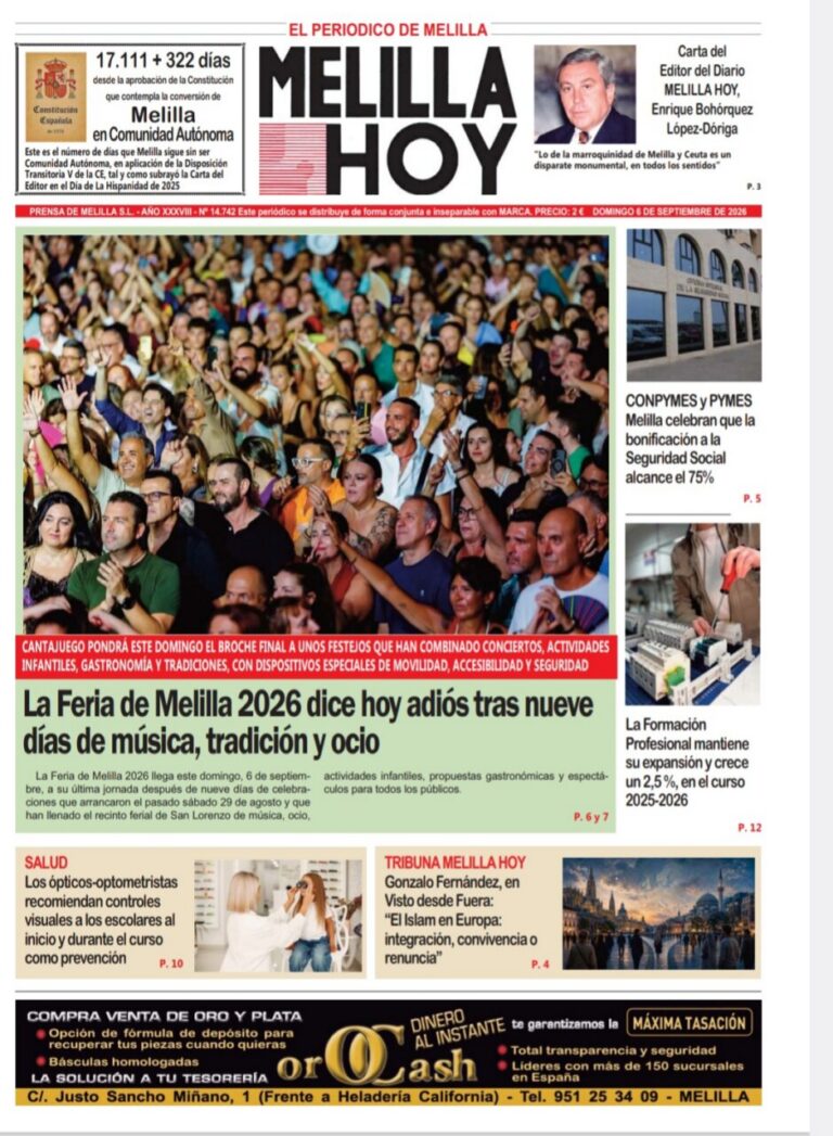 Front page of Melilla Hoy with a large crowd photo and bold headlines about Melilla 2026 fair and events on Sunday, Sept 6, 2026.