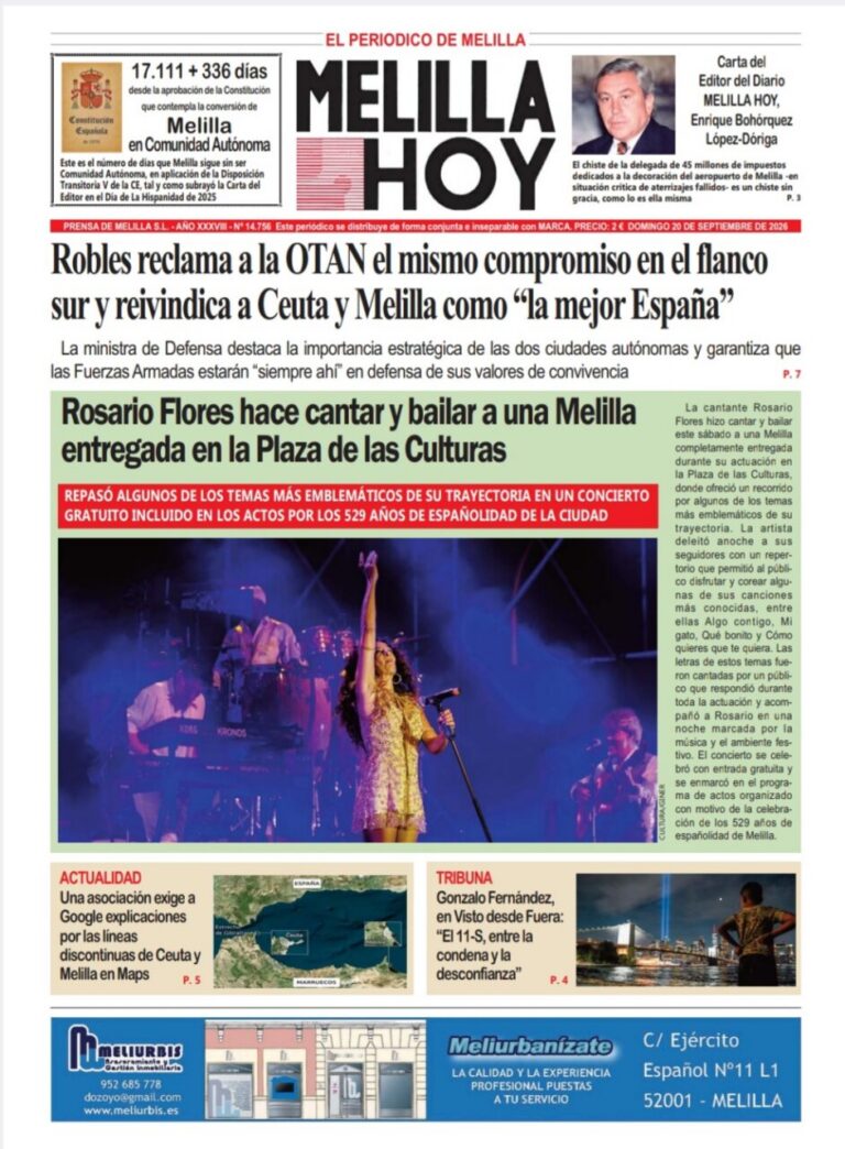 Portada del periódico Melilla Hoy del 20 de septiembre de 2026