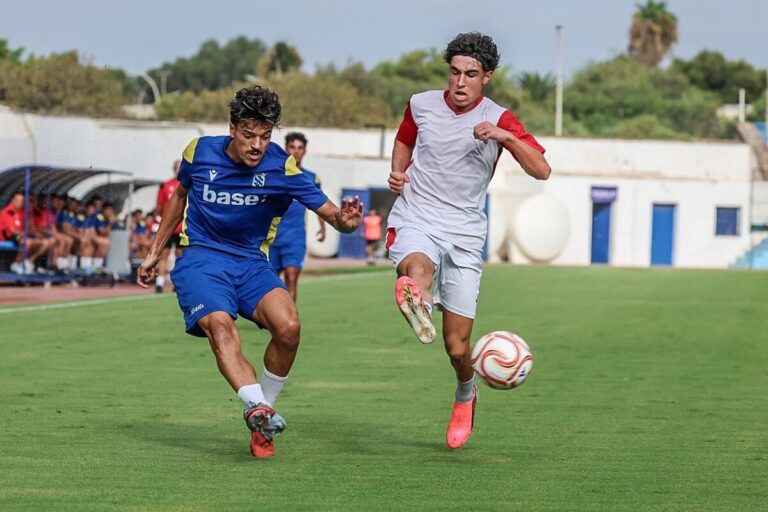 Two soccer players sprint for the ball on a green field; one in blue with yellow accents, the other in white and red, focused on the play.