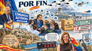 Ilustración sobre la autonomía de Melilla con personajes y símbolos locales