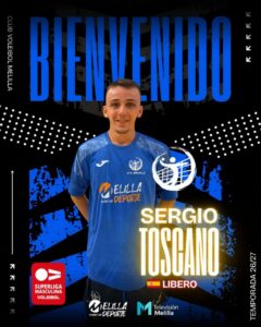 Poster featuring volleyball player Sergio Toscano in a blue jersey, with LIBERO designation and team logos on a dark blue–black background.