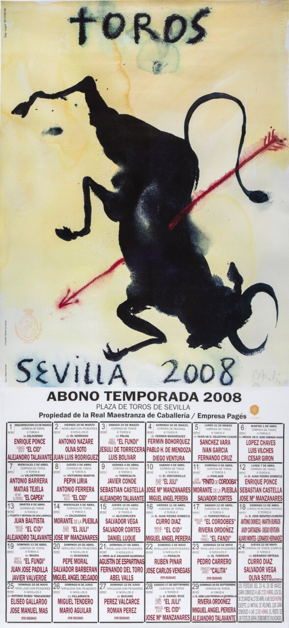 Exposición de Carteles Taurinos 2026 - MelillaHoy Sevilla 2008 bullfighting season poster with a black bull silhouette, a red line, and the text ABONO TEMPORADA 2008.