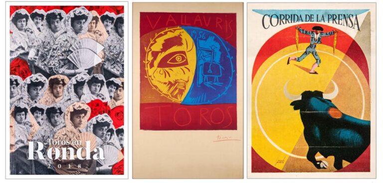 Poster collage titled 'Toros en Ronda 2018' featuring many women in lace mantillas and red roses.