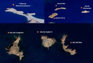 Mapa de las islas y peñones en el norte de África