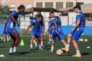 Soccer players in blue uniforms drill on a turf field with cones and balls.