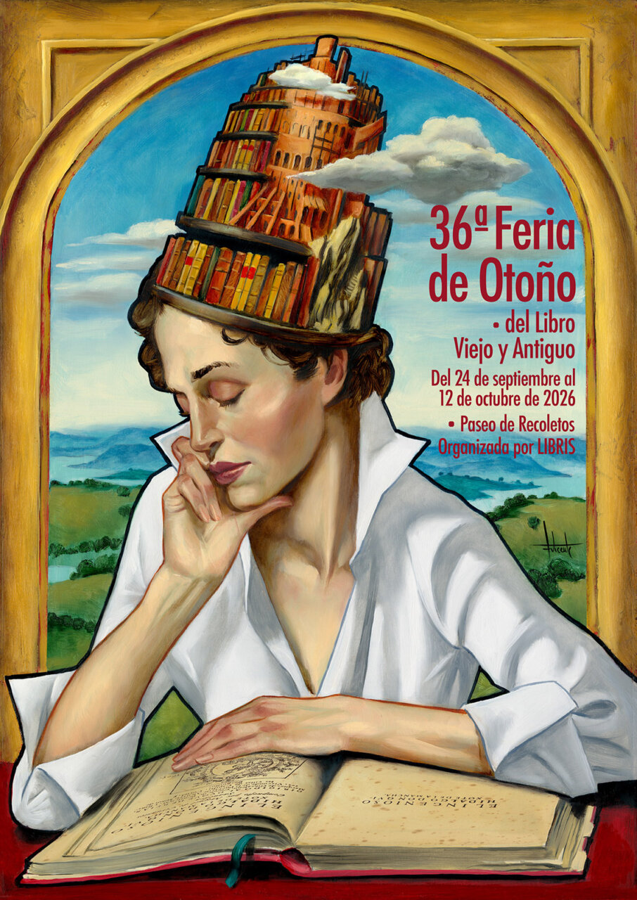 36ª Feria de Otoño del Libro - MelillaHoy Painted woman with a tower of books on her head, reading an open book; poster text for the 36th Autumn Book Fair.