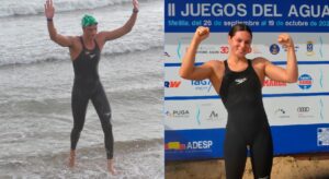Carlos Garach y Ángela Martínez celebrando sus victorias en la competencia de natación.